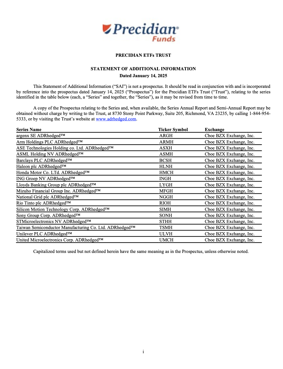 Precidian ETFs - 18 Fund ADRs SAI - 485B January 2025